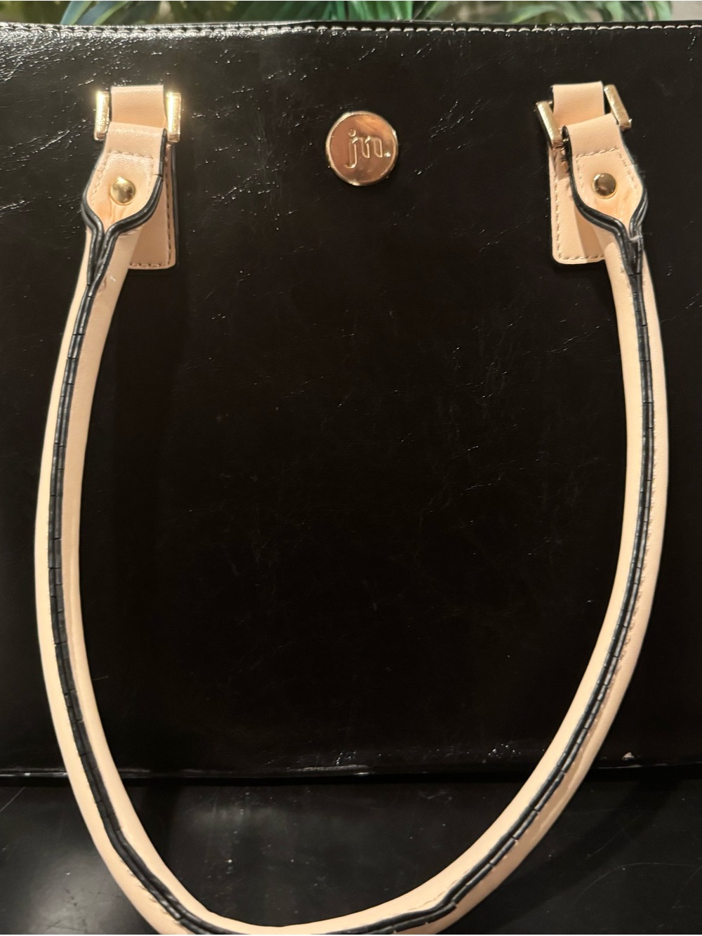 Jessica Moore Black & Beige Patent Tote Bag with Gold Hardware